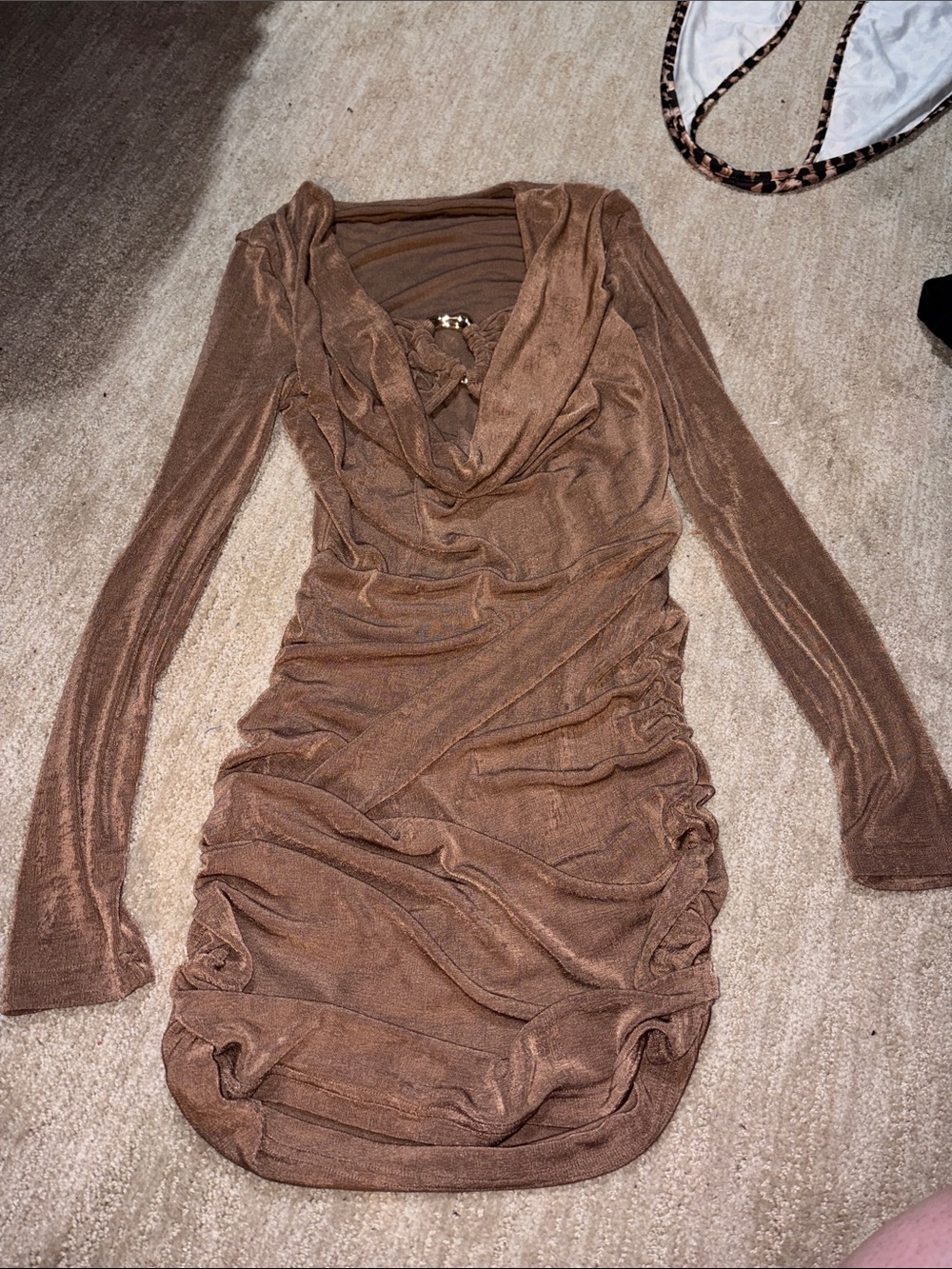 SHEIN Brown Long Sleeve Ruched Cowl Neck Bodycon Dress